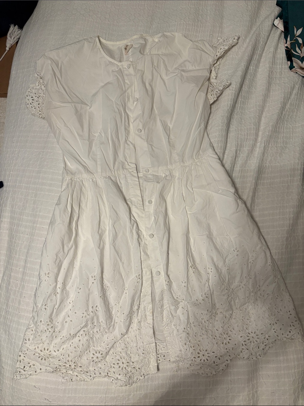 White Eyelet Button-Front Mini Dress with Lace Trim